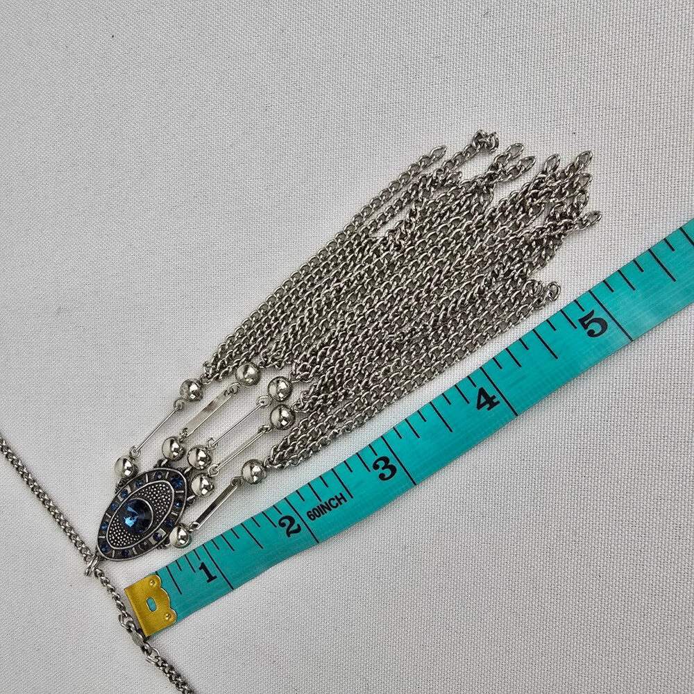 Silver & Blue Rhinestone Fringe Necklace - Picture 8 of 8